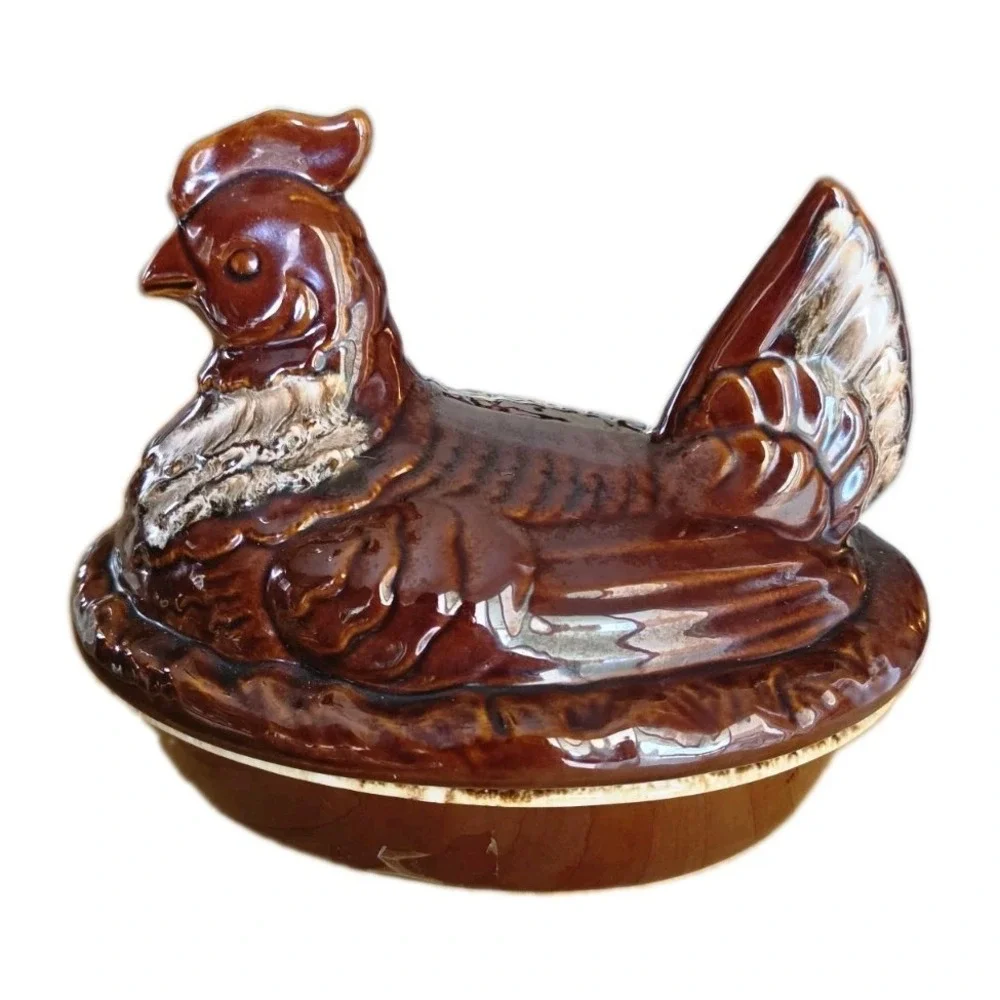 Vtg Hull Pottery Brown Drip Hen on Nest Casserole Dish Cottagecore Grandmacore